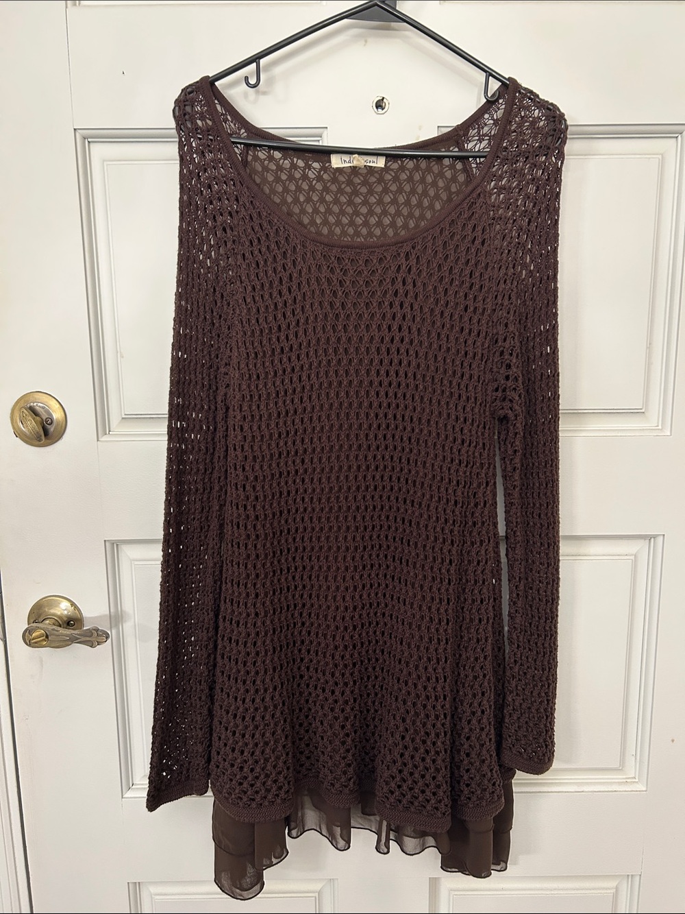 Brown Crochet Knit Layered-Hem Tunic